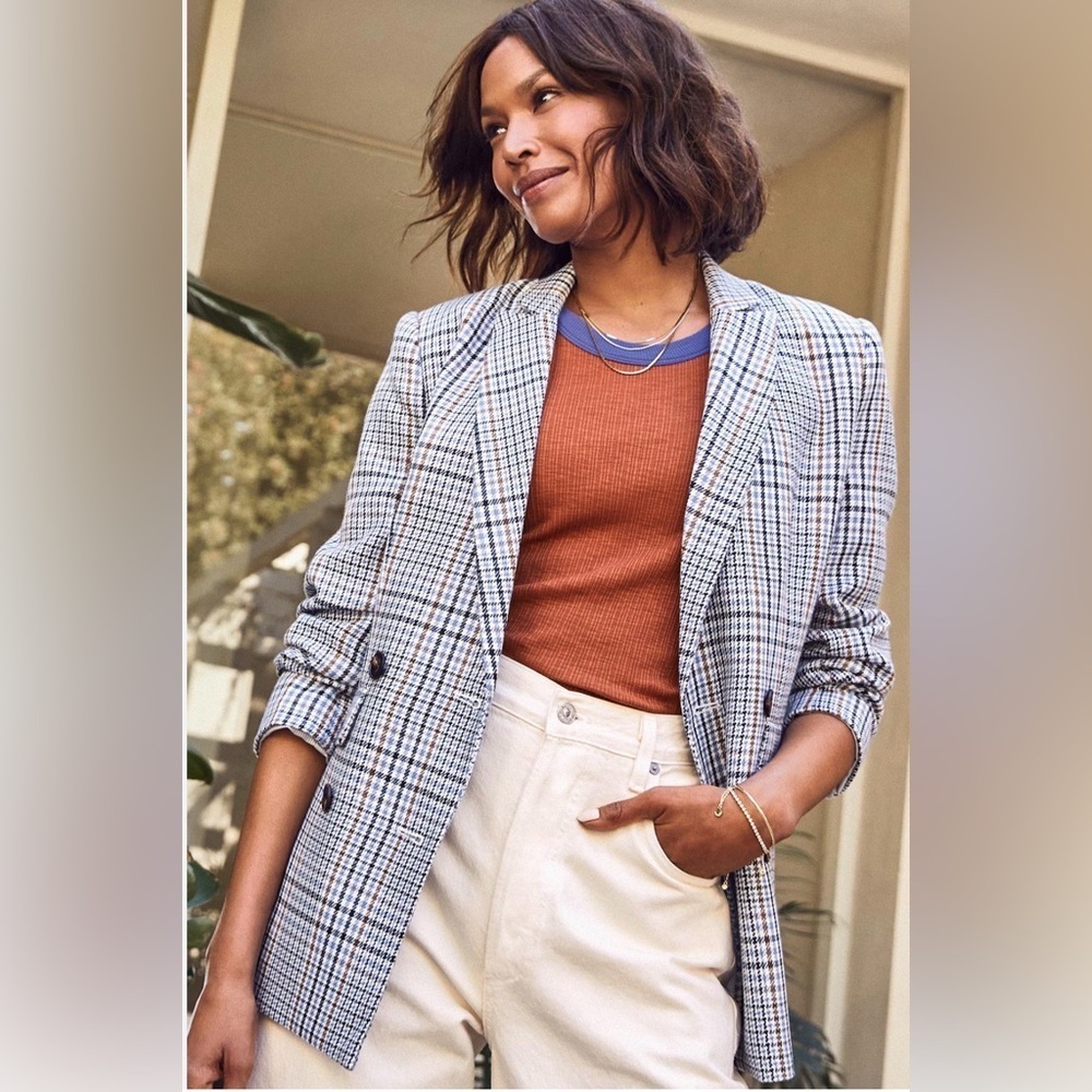 EVEREVE Double Breasted Lined Ivy Blazer Blue Plaid Size Medium